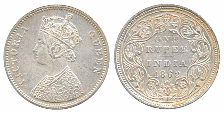 Victoria Queen, Silver Rupee, 1862, A/II/0/7. Extremely fine, scarce.