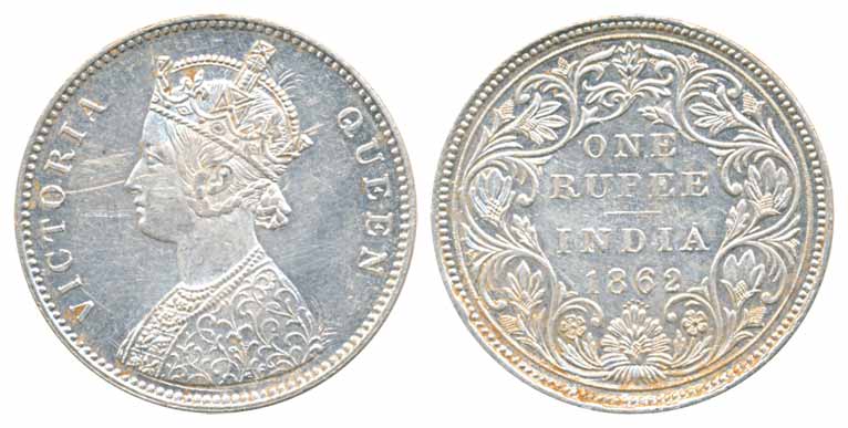 Victoria Queen, Silver Rupee, 1862, A/II/0/6. Extremely fine, scarce.