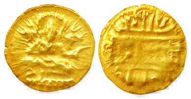 Vijayanagar Empire, Krishnadevraya, Gold ½ Varaha, 1.72g, Obv: Bal Krishna seated, Rev: Na