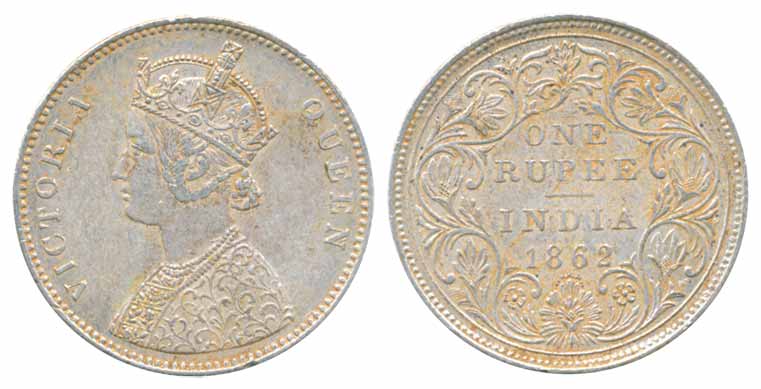 Victoria Queen, Silver Rupee, 1862, A/II/0/10. Very fine, scarce.
