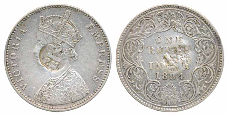Victoria Empress, Silver, Rupee, 1884, counter marked PM for Port Mozambique with crown on