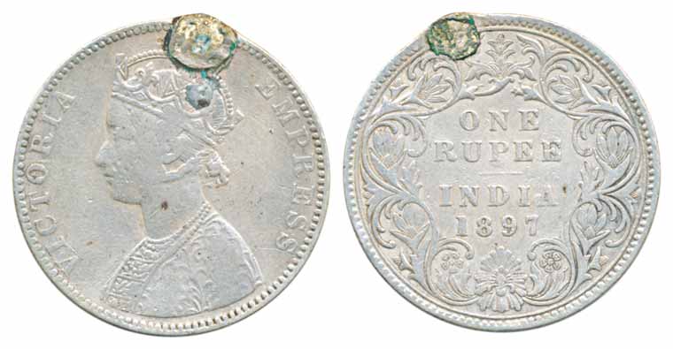 Victoria Empress, Silver, Rupee, 1897, B Incused, Bombay Mint. Ex mount, fine, rare.
