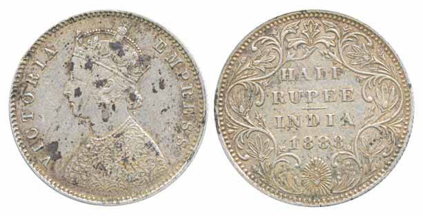 Victoria Empress, Silver ½ Rupee, 1888, some spot on obv. Fine+, scarce.