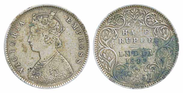 Victoria Empress, Silver ½ Rupee, 1893. Very fine, scarce.