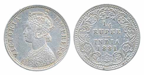 Victoria Empress, Silver ¼ Rupee, 1881, with dot. Very fine, scarce.