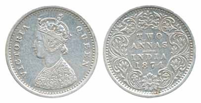 Victoria Empress, Silver 2 Annas, 1874. Very fine, scarce.