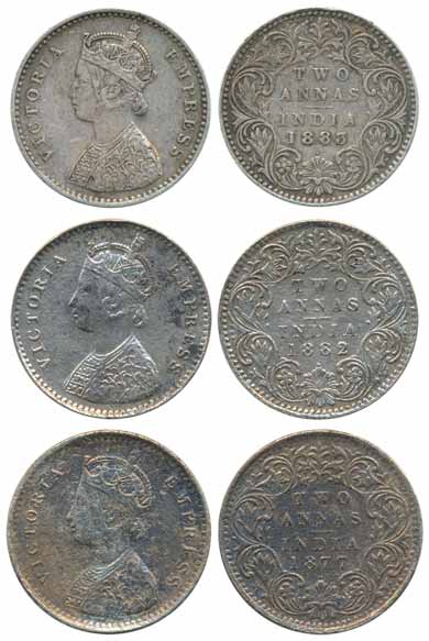 Victoria Empress, Silver 2 Annas (3), 1877, 1882 & 1883. Very fine. 3 coins.
