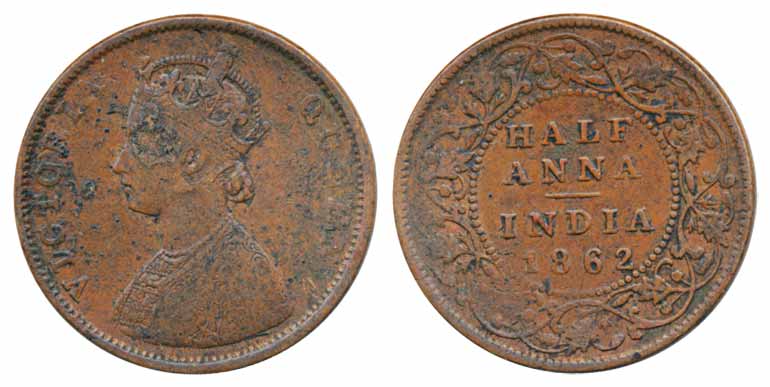 Victoria Queen, Copper ½ Anna, 1862. Very fine, scarce.