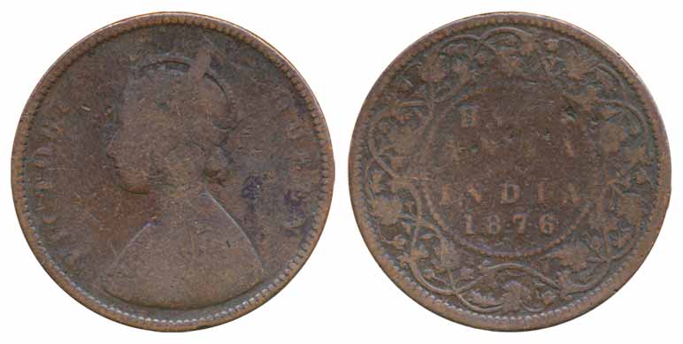 Victoria Queen, Copper ½ Anna, 1876, Calcutta Mint (Prid# 584). Very fine, scarce.