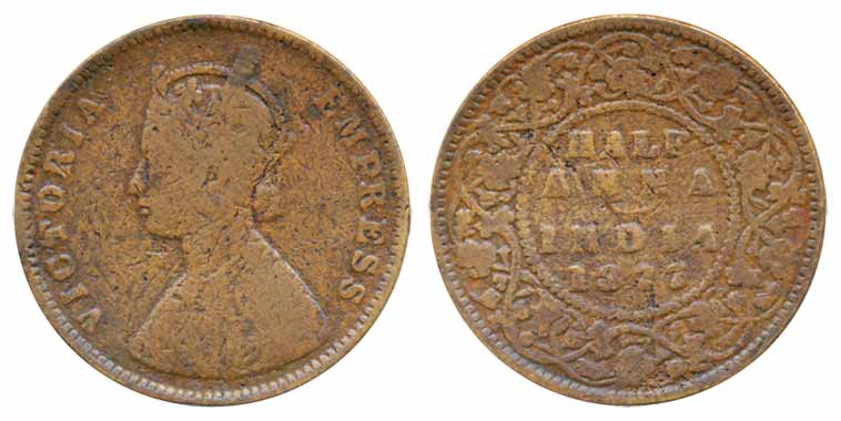Victoria Empress, Copper ½ Anna, 1877 (Prid# 586). Very fine, scarce.