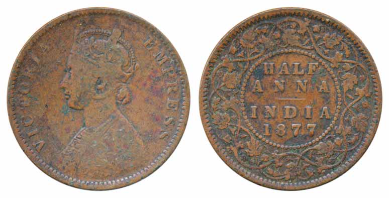 Victoria Empress, Copper ½ Anna, 1877. Very fine, scarce.