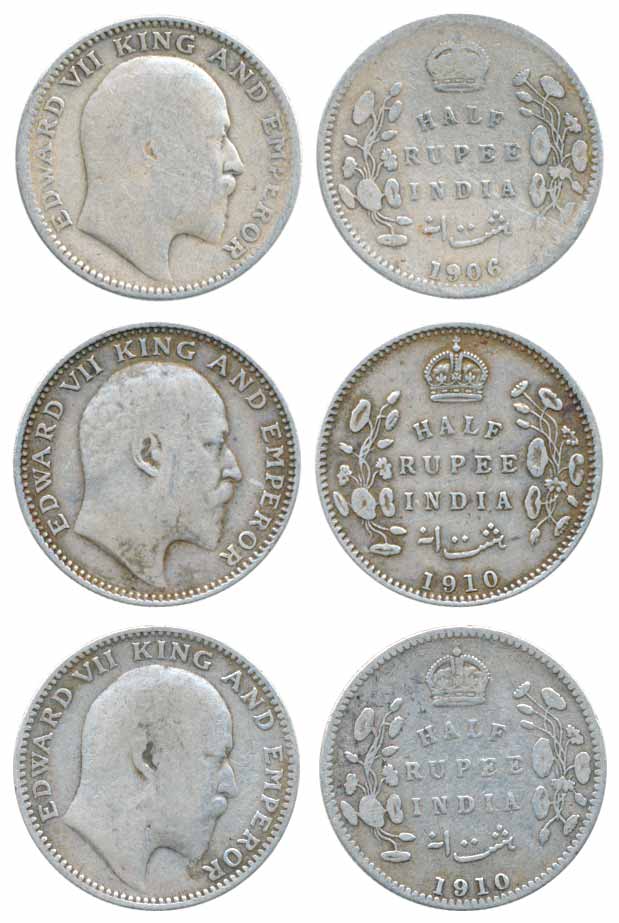 Edward VII, Silver ½ Rupee (3), 1906 & 1910 (2). Very fine, scarce. 3 coins.