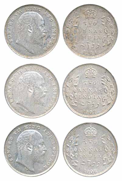 Edward VII, Silver 2 Annas (3), 1904, 1907 & 1908. Very fine, scarce. 3 coins.