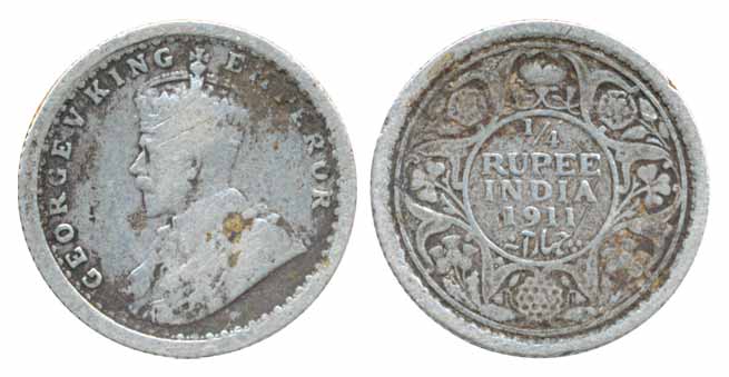 George V, Silver ¼ Rupee, 1911. Very fine, scarce.