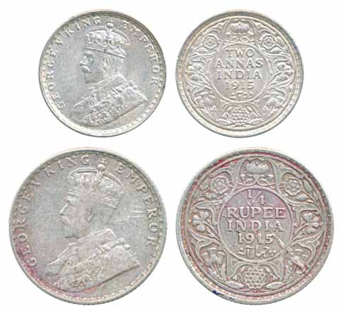 George V, Silver ¼ Rupee & 2 Annas, 1915. Very fine, scarce. 2 coins.