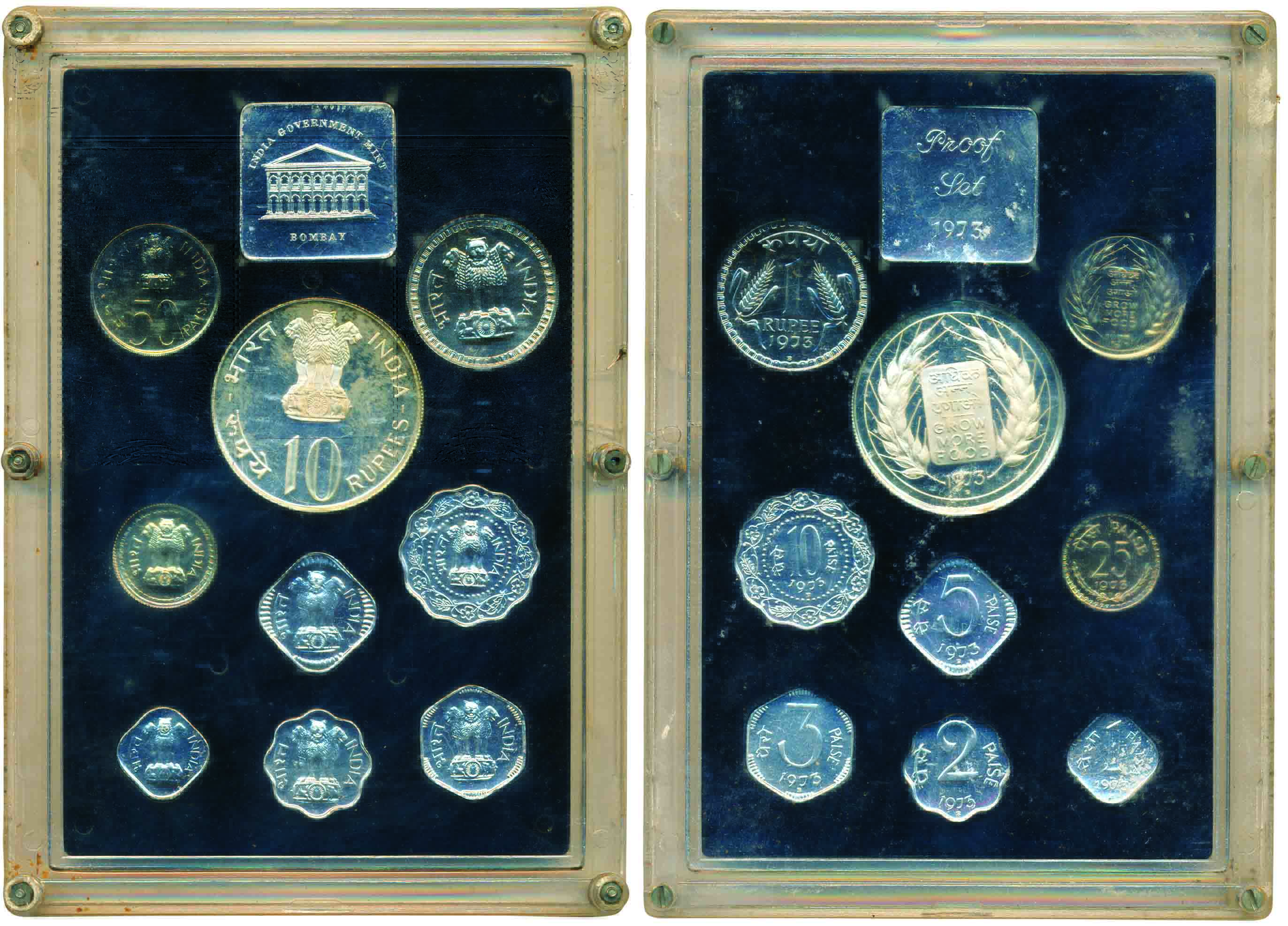 1973, “Grow More Food”, Proof set of 10 coins, Rupees 20 to 1 Paisa, Bombay Mint (RB# 36).