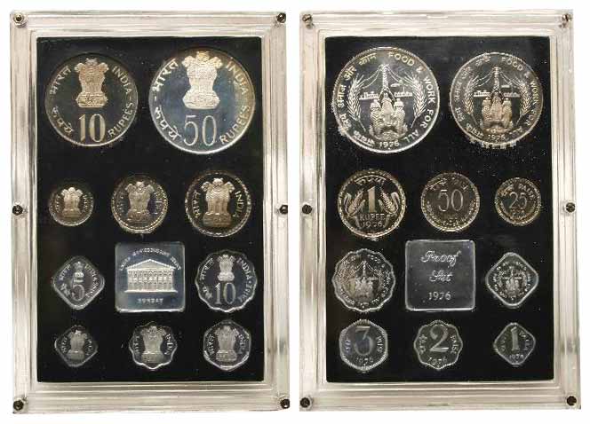 1976, “Food and work for all”, Proof set of 10 coins, 50 Rupees to 1 Paisa with mint emble