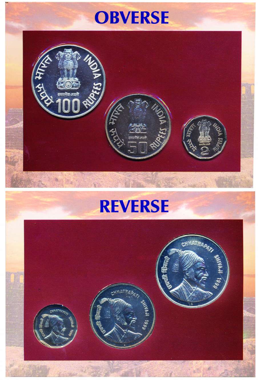 Proof, 1999, “Chhatrapati Shivaji”, Proof set of 3 coins, Rupees 100, 50 & 2, in blister p