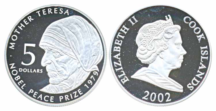 Cook Island, Mother Teresa, Silver 5 Dollars, Obv: Portrait of Mother Teresa, Rev: Queen E