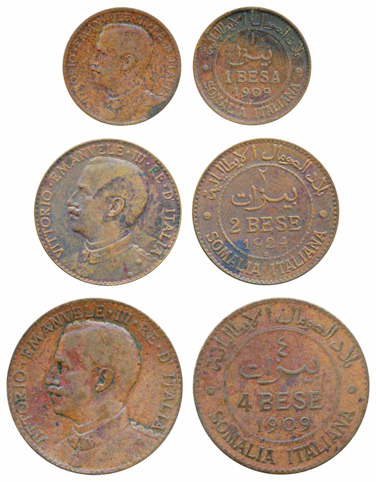 Italian Somaliland, Copper (3), 1 Bbza, 2 Beza & 4 Beza, 1909 & 1924, Obv: Uniformed bust 