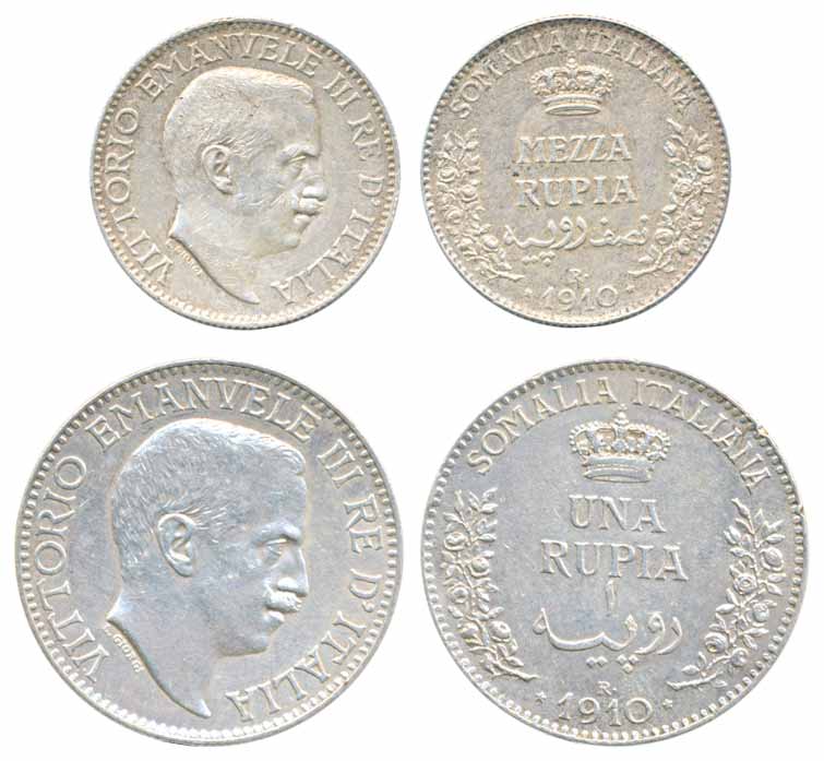 Italian Somaliland, Silver Rupee & ½ Rupee, 1910, Obv: bust to right, Rev: Crown above val
