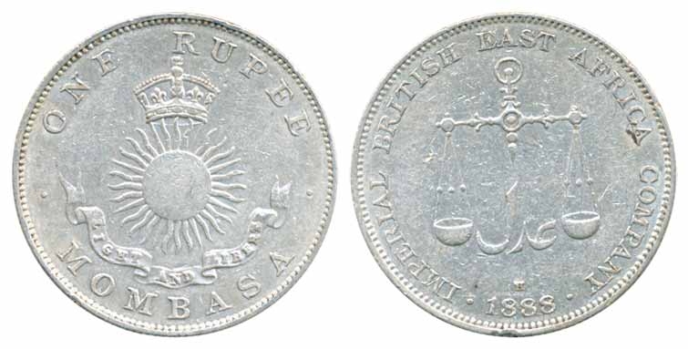 Mombasa, Silver Rupee, 11.61g, 1888 H (KM# 5). Very Fine+, Scarce.