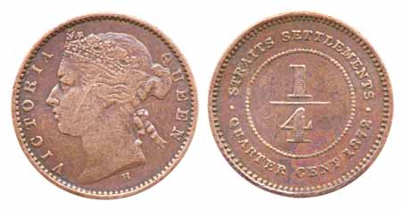 Straits Settlements, Copper ¼ Cent, 1872, Obv: Bust of Queen Victoria to left, Rev: value 