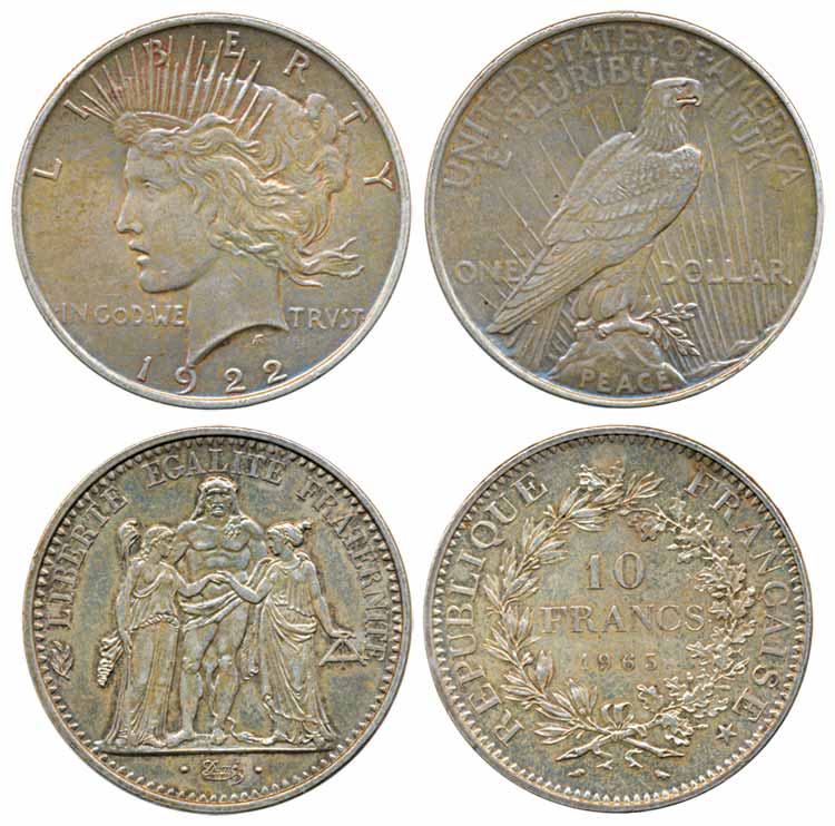 United States of America, Silver, 1 Dollar, 1922; France, 10 Francs, 1965. Very Fine+ to A