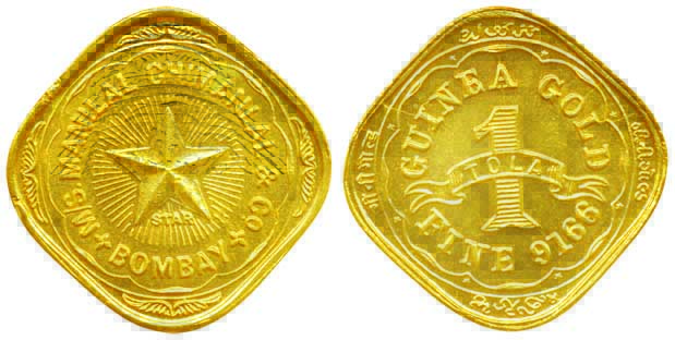 Gold Square 1 Tola 11.66g, Manilal Chimanlal & Co., Bombay, 9166 Fine as Guinea gold, Star