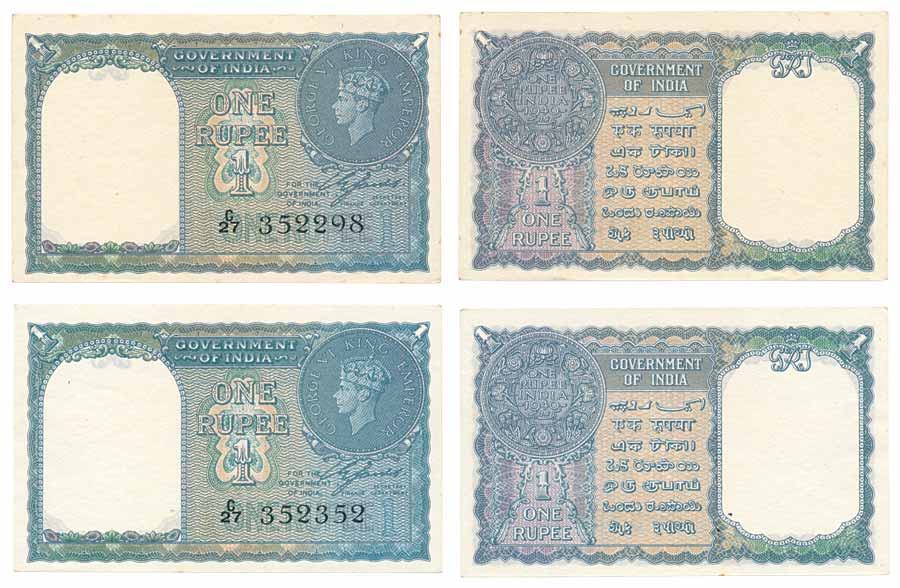 George VI, 1 Rupee (2), Type 1, Signed C. E. Jones, Serial number in black, Prefix C/27 (J