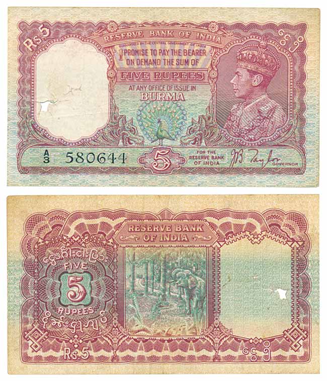 Burma, George VI, Rupees 5, Type 4, Signed J. B. Taylor, Prefix A/3 (Jhun# 4.1). Light fol