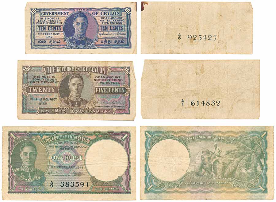 Ceylon, George VI, 1 Rupee, 25 Cents and 10 Cents, 1941, 1942 and 1942 issues. Very Fine+,