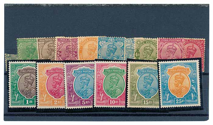 1926-33 KG V Set of 16 Stamps, ½ a. to 25 Rs., (SG 202/219), (only SG 204 & 210 missing) a