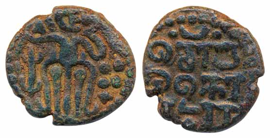 Pandiyas, Chonaadu kondaan, Copper, 2.99g, Obv: Standing king, Rev: “chonaadu kondaan” in 