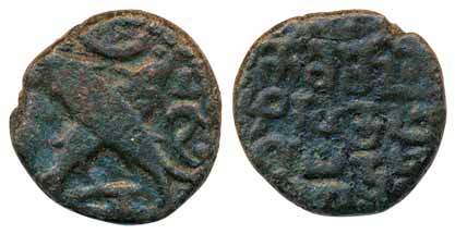 Pandiyas, Katchi valangum perumaal, Copper, 3.86g, Obv:Double fish in crossing, Rev: “katc