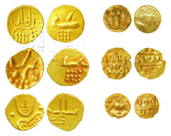 Gold Fanam (6), Assorted types. Very fine. 6 coins.