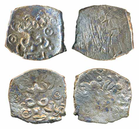 Punch Marked Coin, Saurashtra Janapada, Silver ¼ Karshapana (2), 0.98g & 0.99g, Obv: Sri-V