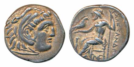 Kingdom of Macedonia, Alexander III, Silver Drachm, 4.18g, Obv: head of Heracles to right 