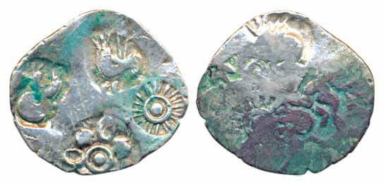 Punch Marked Coin, Mahasthanagadh, Bengal Area, Silver ½ Karshapana, 1.95g, four symbol se