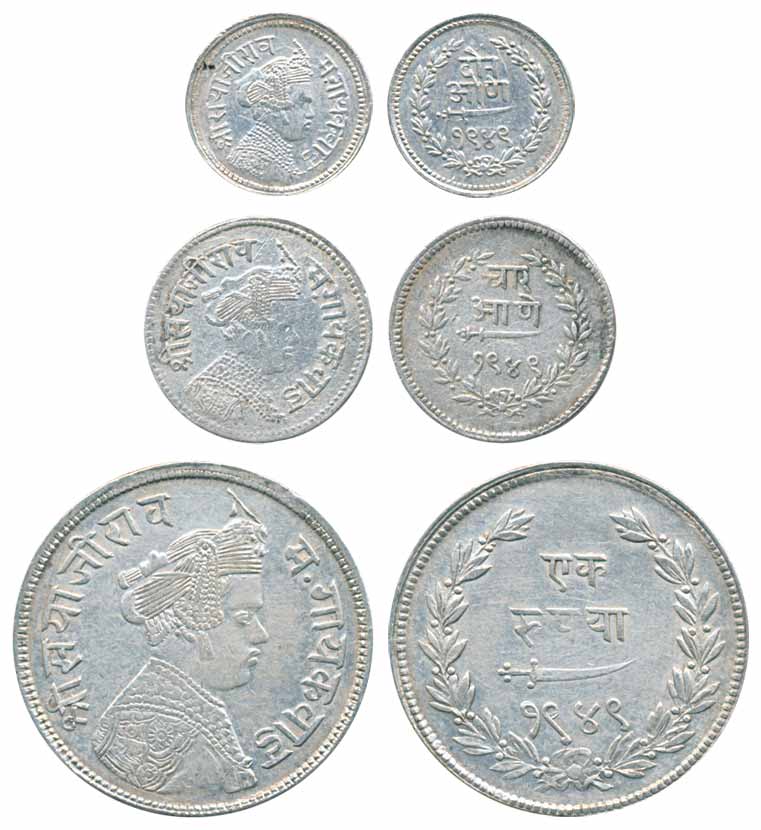 Sayaji Rao III, Silver (3), Rupee, ¼ & 1/8 Rupee, VS 1949 (KM# Y# 36, Y# 34 & Y# 33). 3 co
