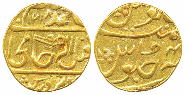 Gold Mohur, 10.64g, Gohad Mint, in the name of Shah Alam II, AH 1218/ RY 4 (X), ‘Pistol’ a