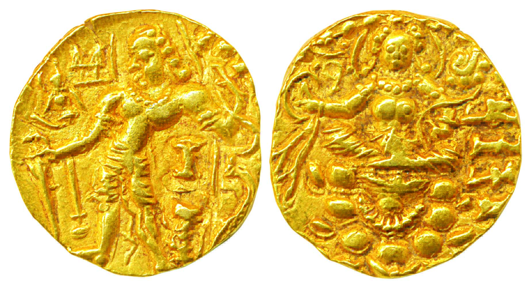 Chandra Gupta II or ‘III’, Gold Dinar, 8.69 g, ‘Archer’ type, Obv: nimbate king, standing 