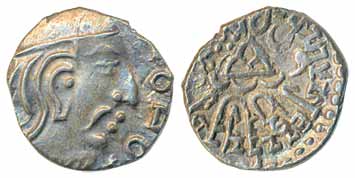 Traikutaka,&nbsp; Daharsena son of Indradatta, Silver Dracham, 2.02g, Obv: Bust facing rig