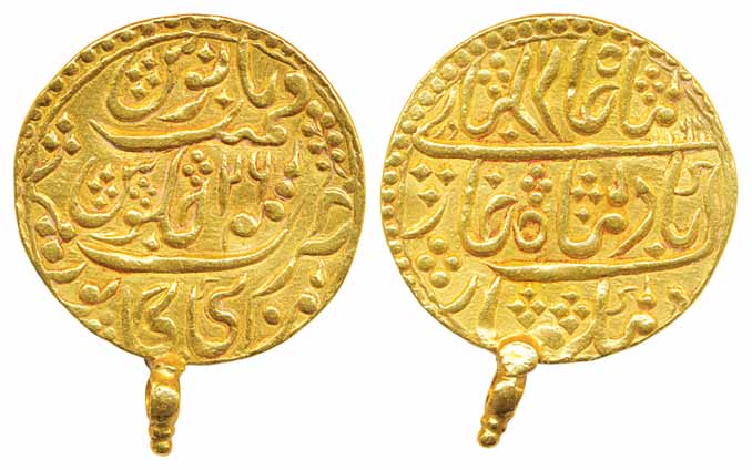 Manak Pal, Nazarana Gold Mohur, 11.32 g, AH 1199/26, struck at Karauli with pseudo mint-na