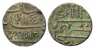 Rao Lakpatji, Silver ½ Kori, 2.34g, in the name of Ahmed Shah, AH 1165, Trisul & date on o