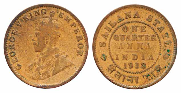Jaswant Singh, Copper ¼ Anna, 1912, Crowned bust of King George V left on obv (KM# 16). Ab