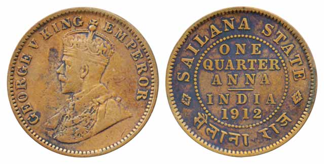 Jaswant Singh, Copper ¼ Anna, 1912, Crowned bust of King George V left on obv (KM# 16). Fi