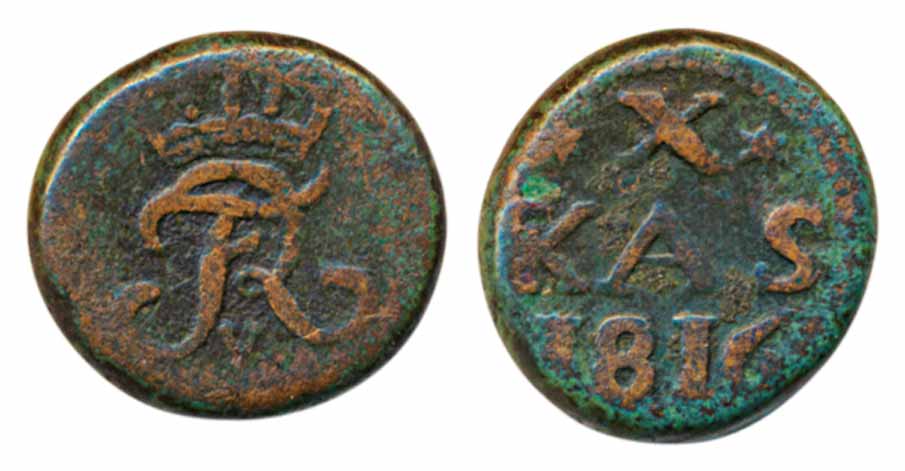 Frederik VI, Copper 10 Cash, 5.84g, 1816, Obv: Crowned “FR” Monogram, Rev: X Flanked by st