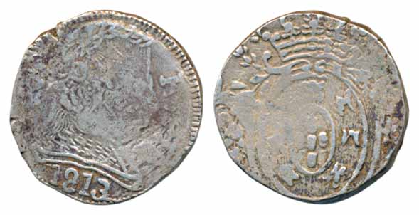 Goa, Joao, Silver Rupia, 10.84g, 1813, Obv: Portrait of the ruler to right, Rev: Crowned a