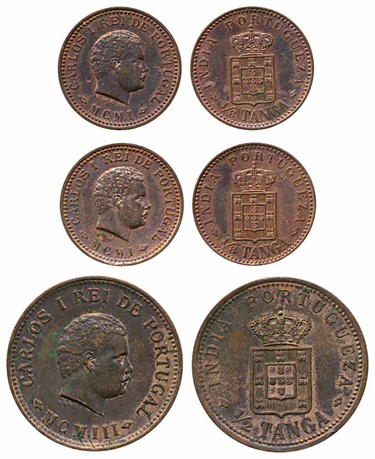 Copper (3), 1/8 Tanga (2), 1901 (KM# 14) & ½ Tanga, 1903 (KM# 16). Date in Roman Numeral. 